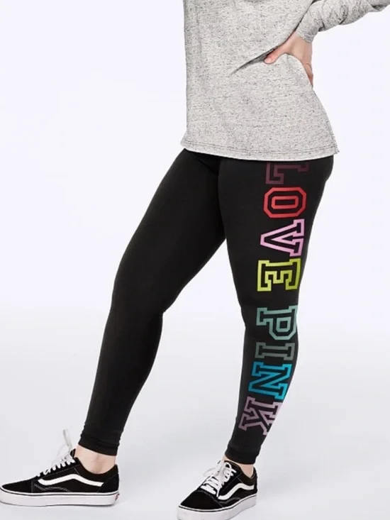 PINK Victoria's Secret Black Rainbow High-Waisted Leggings Logo Print Graphic L - Picture 2 of 16